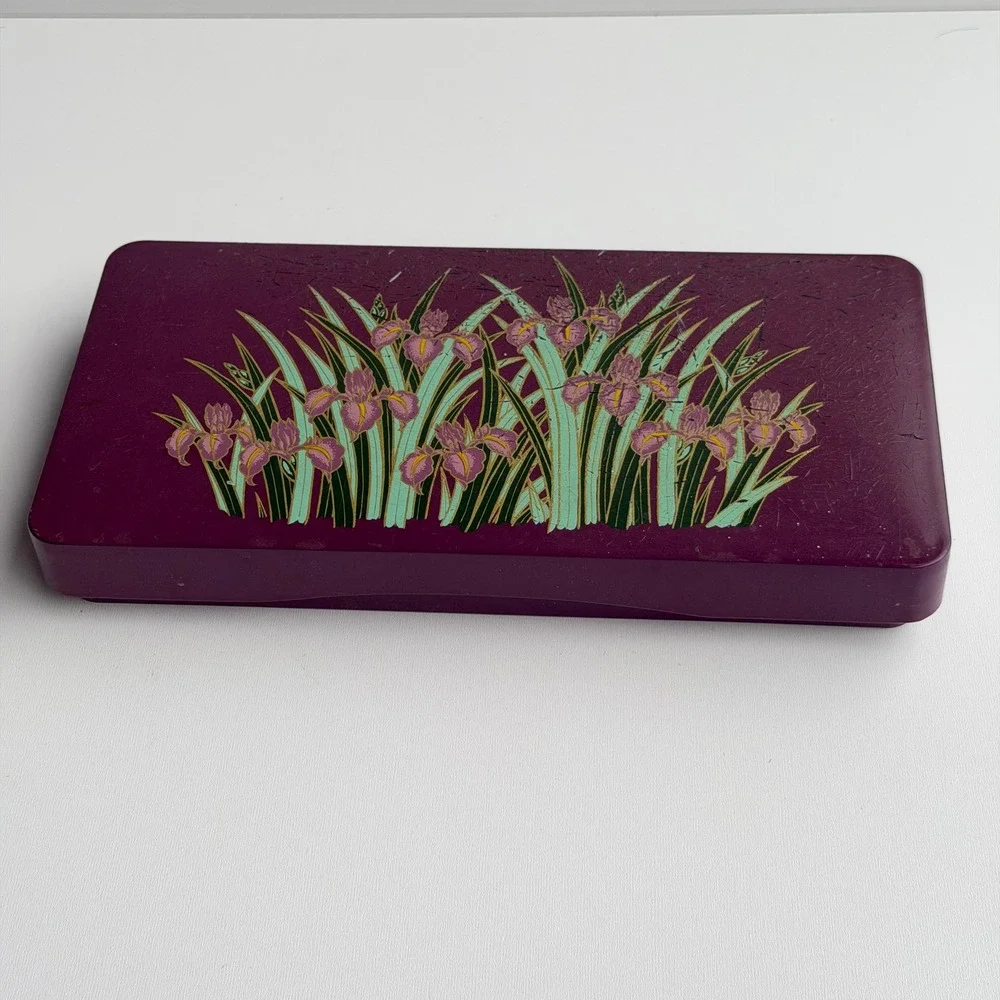 Vintage Toyo Iris Lacquer Ware Trinket Box Set Purple Floral Japan